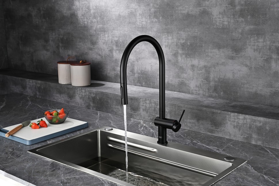AQM9901MB Cucina Смеситель для кухни с выдвижным U-образным изливом,черный матовый