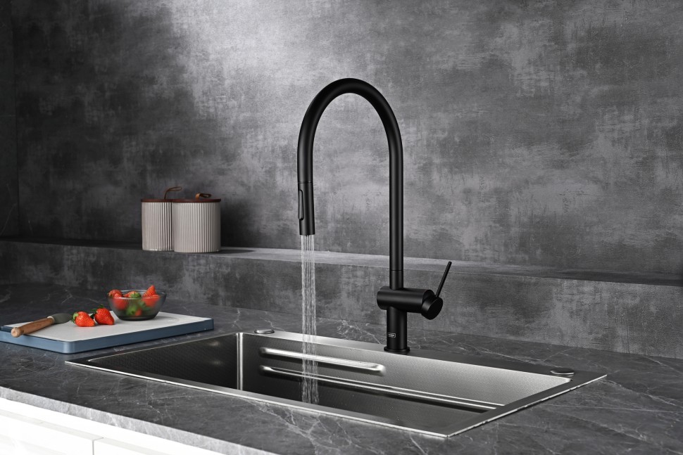 AQM9901MB Cucina Смеситель для кухни с выдвижным U-образным изливом,черный матовый