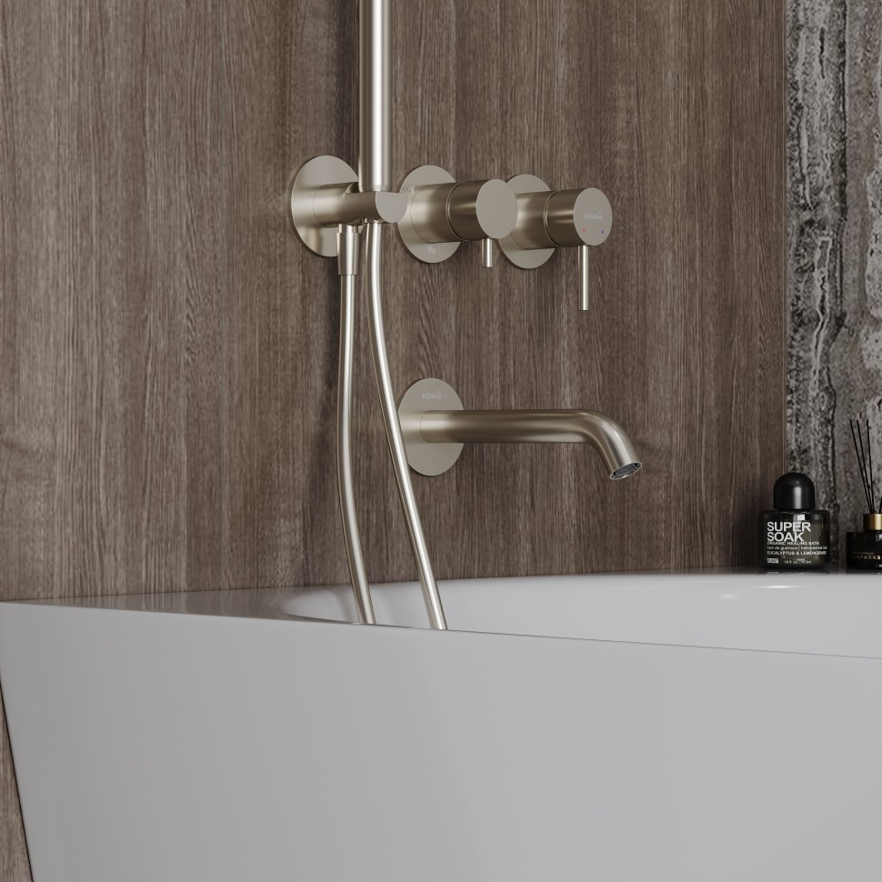 AQM8408BN Набор для комплектации ванны с изливом, верхним и ручным душем, шлифованный никелб