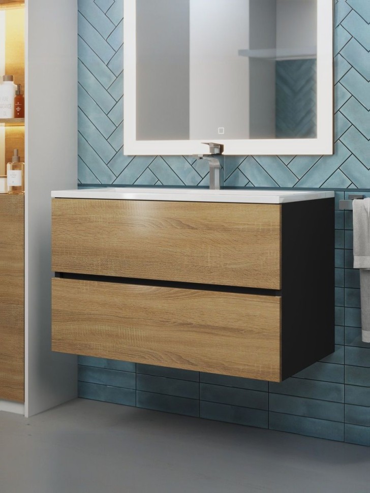 Тумба под раковину для ванной Uperwood Barsa 80 см, подвесная, черная/дуб сонома