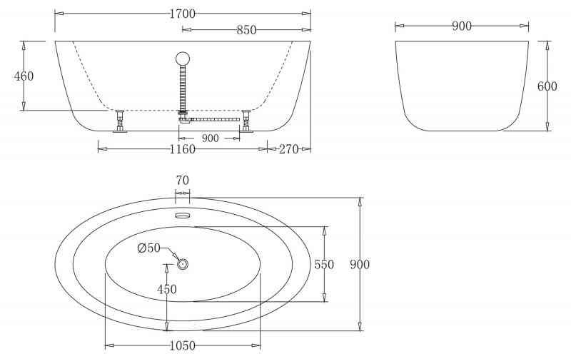 Акриловая ванна BELBAGNO BB67-1700, 1700x900x600