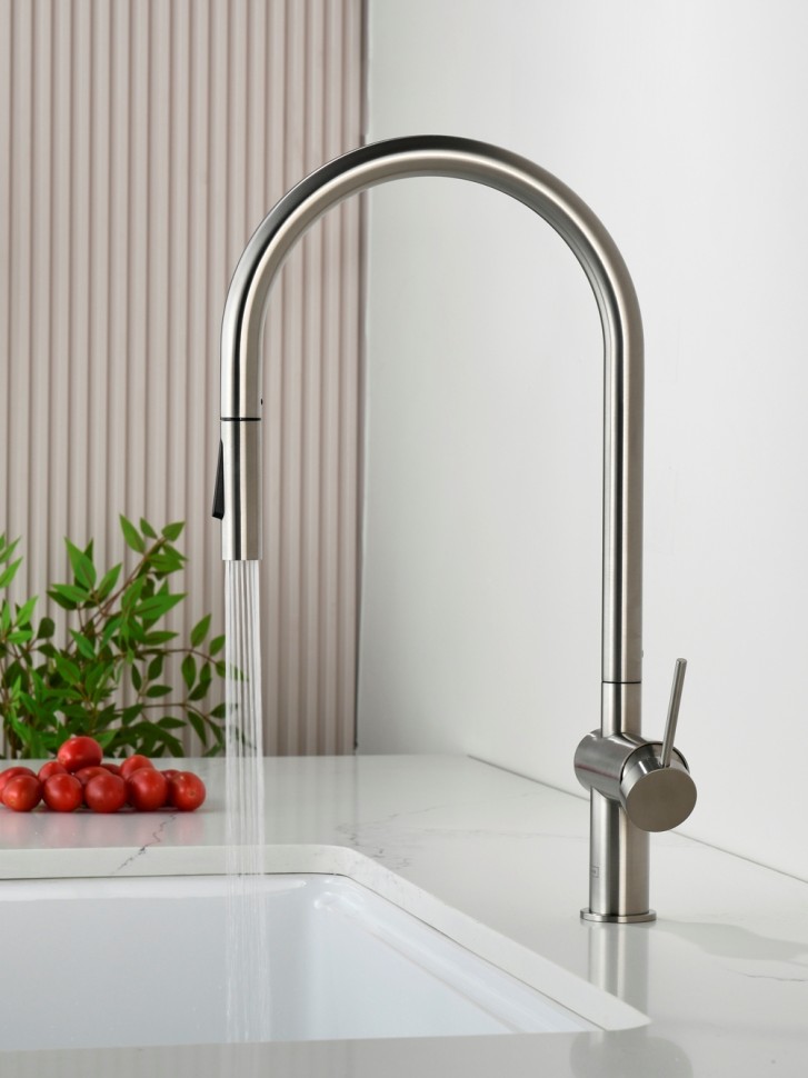 AQM9901BN Cucina Смеситель для кухни с выдвижным U-образным изливом,никель шлифованный
