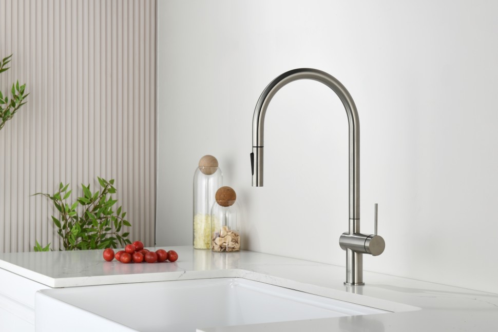 AQM9901BN Cucina Смеситель для кухни с выдвижным U-образным изливом,никель шлифованный