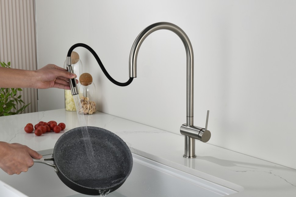 AQM9901BN Cucina Смеситель для кухни с выдвижным U-образным изливом,никель шлифованный