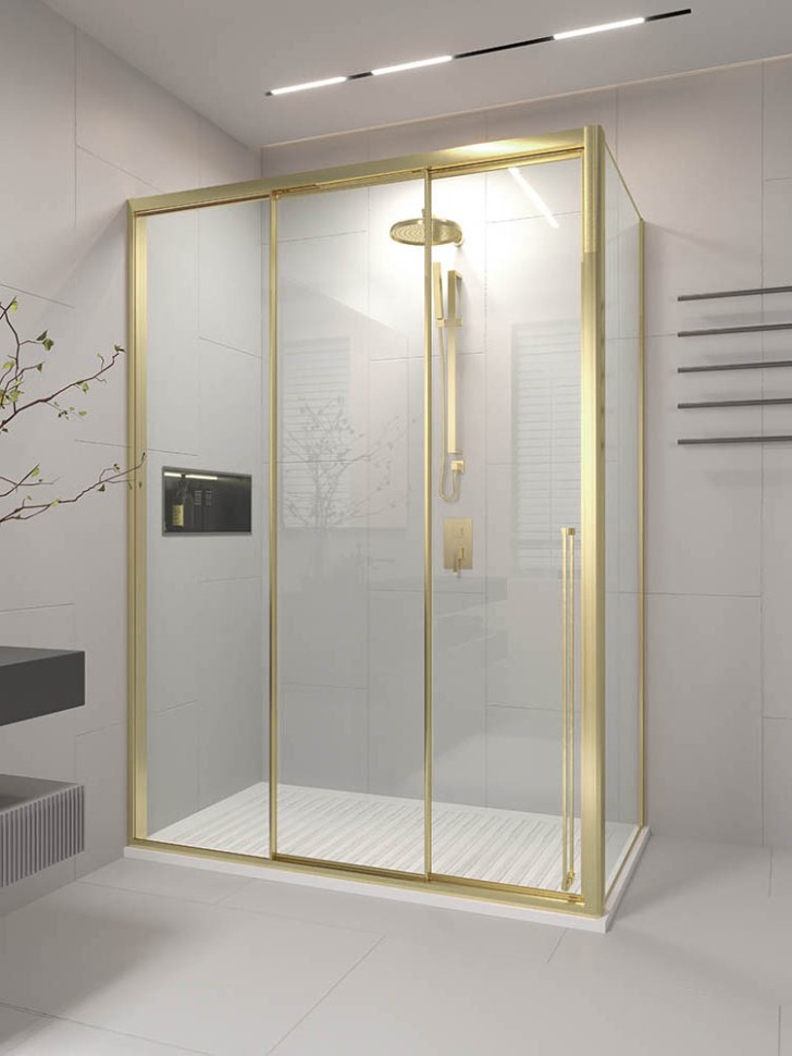 Душевой угол раздвижной Veconi Premium Ptato 300 SP G-L, 1700х900x2000, золото брашированный, стекло прозрачное