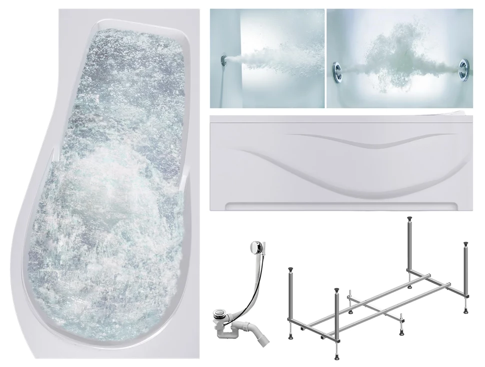 Комплект Акриловая ванна TIMO VINO1590R 150*90*66+Каркас + Слив-перелив+Гидромассаж 6 форсунок+Гидромассаж спины 3 форсунки