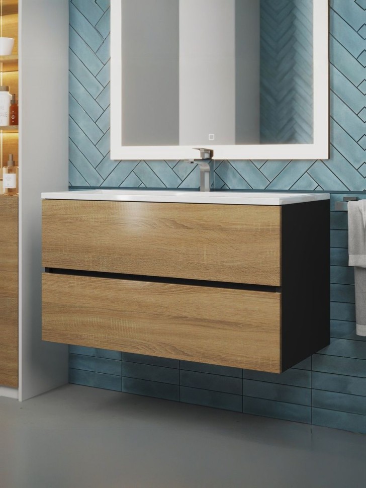 Тумба под раковину для ванной Uperwood Barsa 90 см, подвесная, черная/дуб сонома