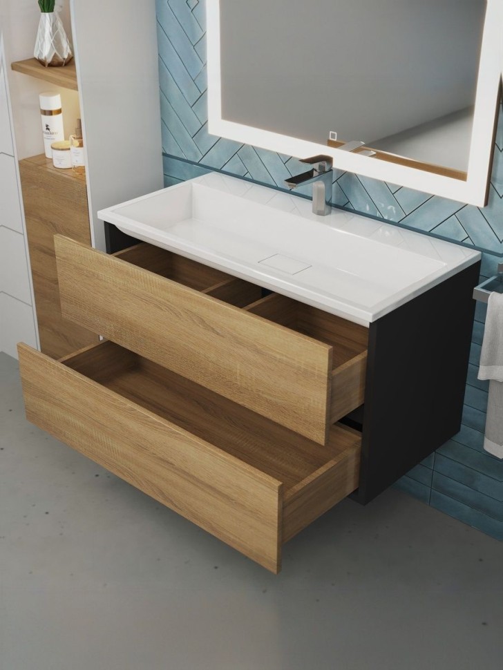 Тумба под раковину для ванной Uperwood Barsa 90 см, подвесная, черная/дуб сонома