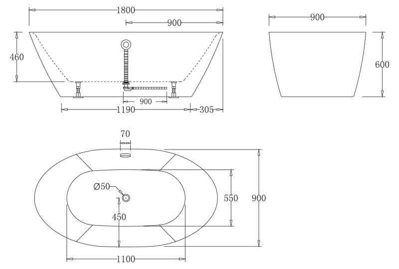 Акриловая ванна BELBAGNO BB68-1800, 1800x900x600