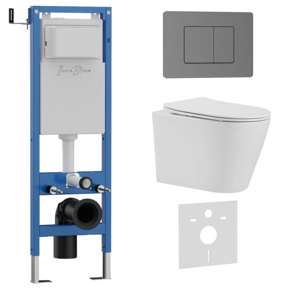 Комплект 3в1 IBERICA BLANCA инсталляция SILENCIO MINI, унитаз BURGOS ALTO белый, кнопка смыва INOX-C вороненая сталь (IB.001M.BRA.231.1180)