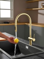 AQM9901BG Cucina Смеситель для кухни с выдвижным U-образным изливом, золото шлифованное