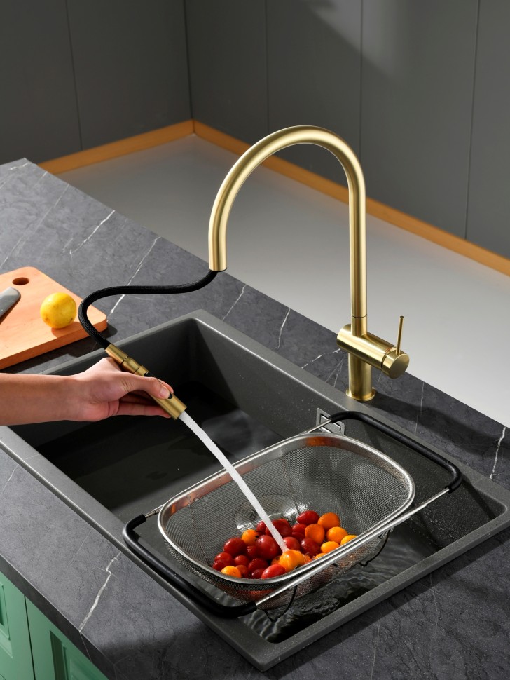 AQM9901BG Cucina Смеситель для кухни с выдвижным U-образным изливом, золото шлифованное