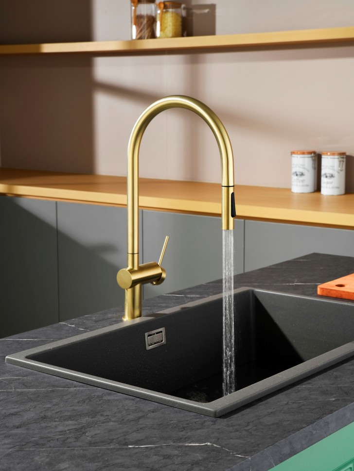 AQM9901BG Cucina Смеситель для кухни с выдвижным U-образным изливом, золото шлифованное