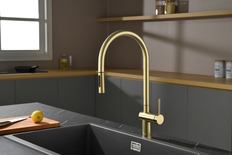 AQM9901BG Cucina Смеситель для кухни с выдвижным U-образным изливом, золото шлифованное