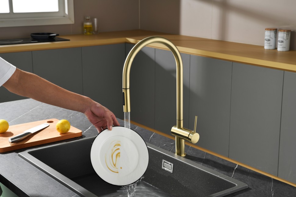 AQM9901BG Cucina Смеситель для кухни с выдвижным U-образным изливом, золото шлифованное