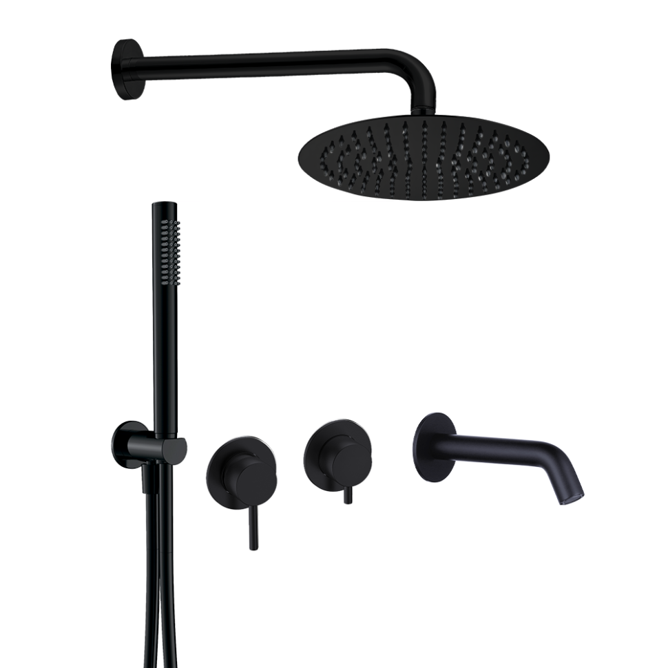 AQM8408MB Набор для комплектации ванны с изливом, верхним и ручным душем, матовый черный