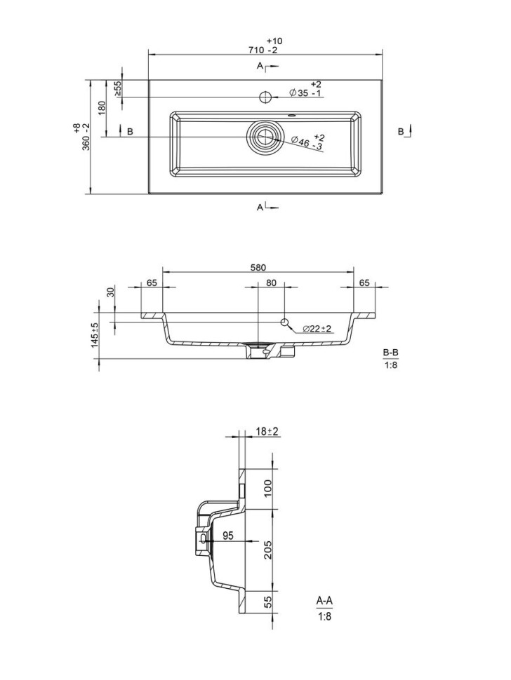 Раковина для ванной 70 см, Uperwood Aurora, белая глянцевая