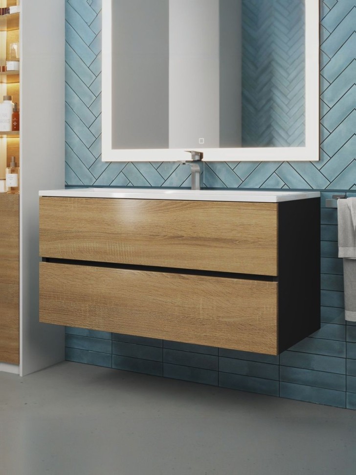 Тумба под раковину для ванной Uperwood Barsa 100 см, подвесная, черная/дуб сонома