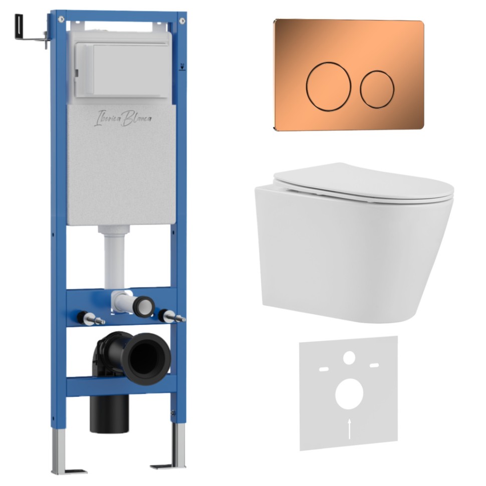 Комплект 3в1 IBERICA BLANCA инсталляция SILENCIO MINI, унитаз BURGOS ALTO белый, кнопка смыва INOX-О розовое золото глянцевое (IB.001M.BRA.231.8171)