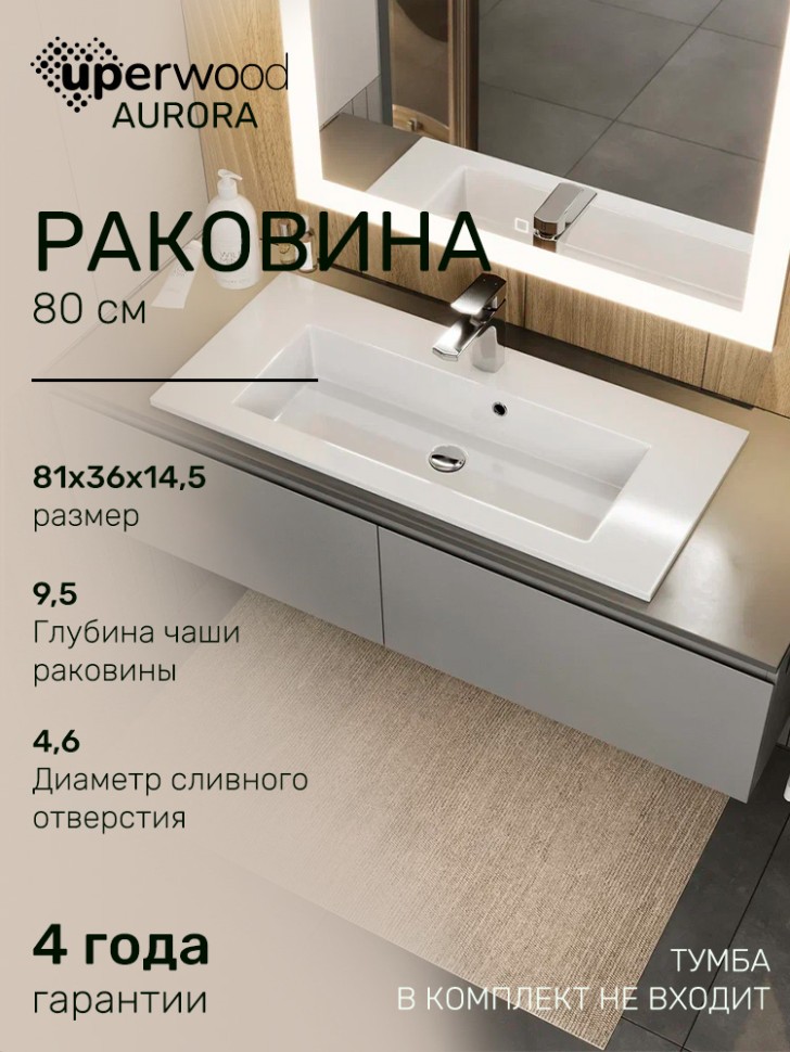 Раковина для ванной 80 см, Uperwood Aurora, белая глянцевая