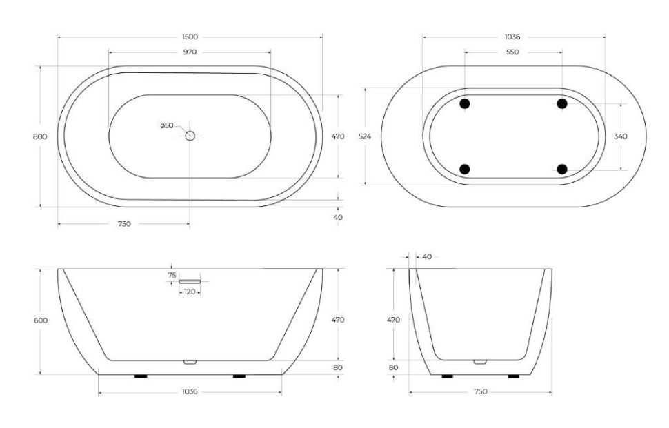 Акриловая ванна BELBAGNO BB70-1500-800