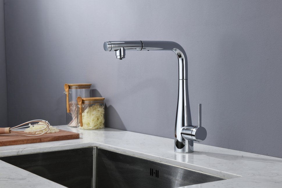 AQM9902CR Cucina Смеситель для кухни с выдвижным L-образным изливом, хром
