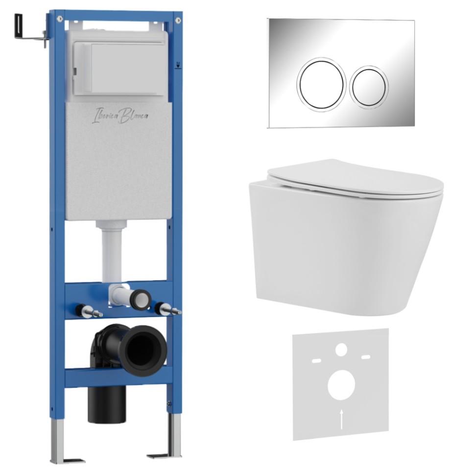 Комплект 3в1 IBERICA BLANCA инсталляция SILENCIO MINI, унитаз BURGOS ALTO белый, кнопка смыва ESTI-O хром глянцевый (IB.001M.BRA.231.823)