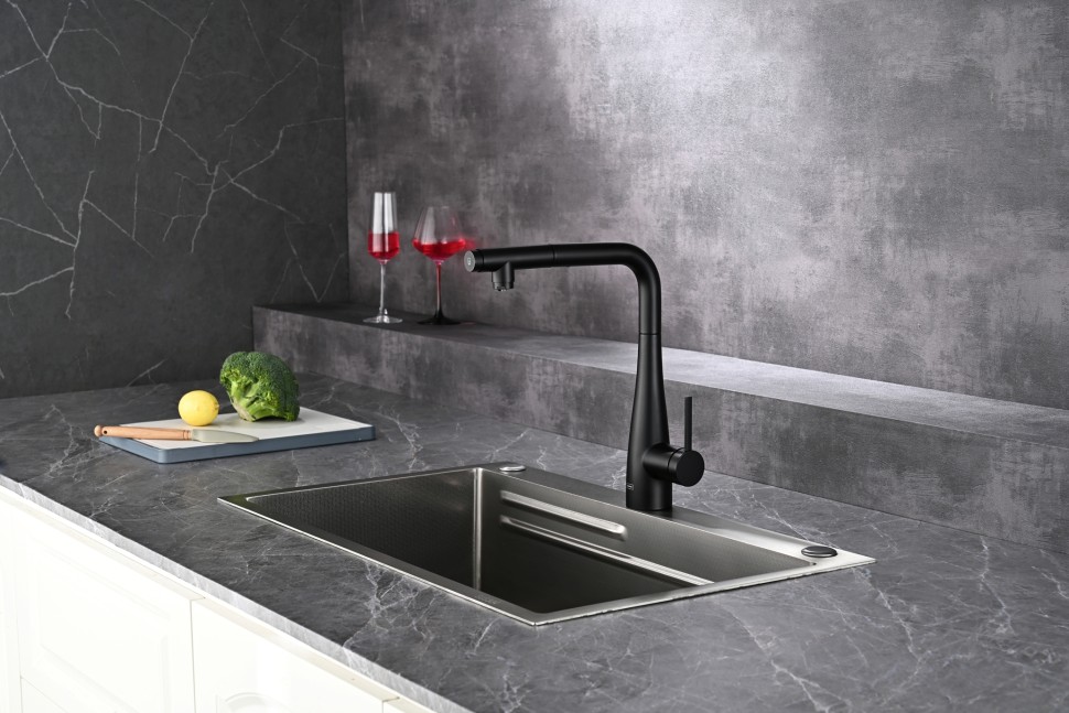 AQM9902MB Cucina Смеситель для кухни с выдвижным L-образным изливом, черный матовый