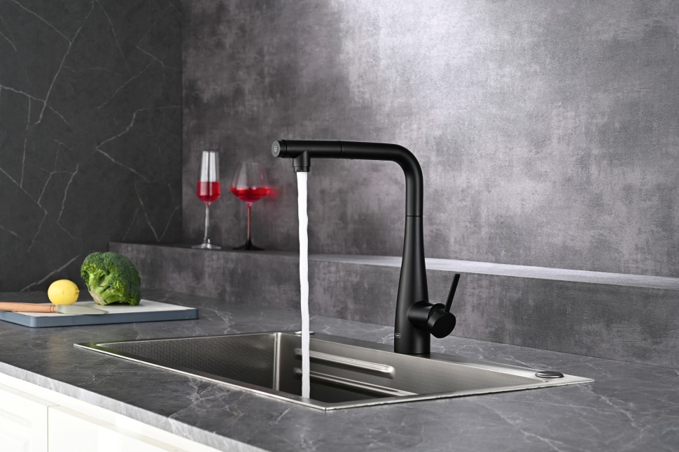 AQM9902MB Cucina Смеситель для кухни с выдвижным L-образным изливом, черный матовый