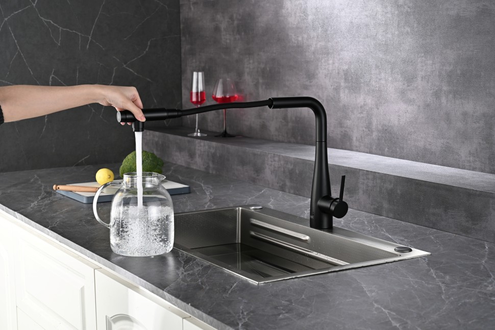 AQM9902MB Cucina Смеситель для кухни с выдвижным L-образным изливом, черный матовый