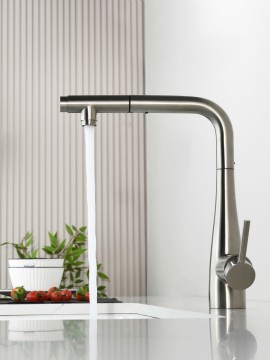 AQM9902BN Cucina Смеситель для кухни с выдвижным L-образным изливом, никель шлифованный