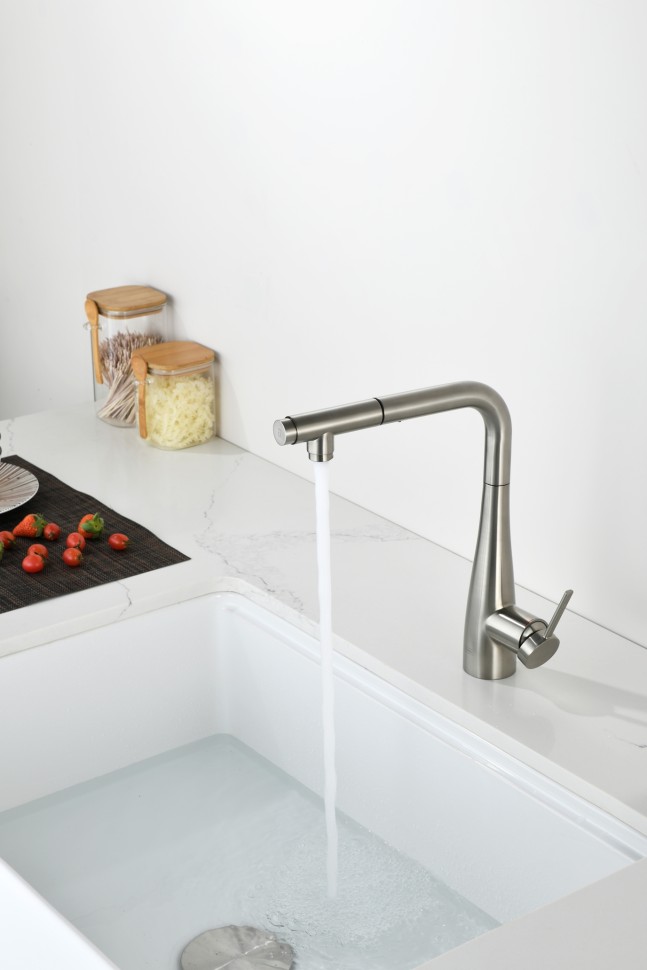 AQM9902BN Cucina Смеситель для кухни с выдвижным L-образным изливом, никель шлифованный