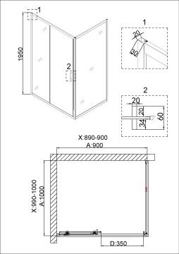 Душевое ограждение Niagara Nova NG-42-9AG-A100G (90х100х195) прямоугольник,золото,двери раздвижные,стекло прозрачное,2 места