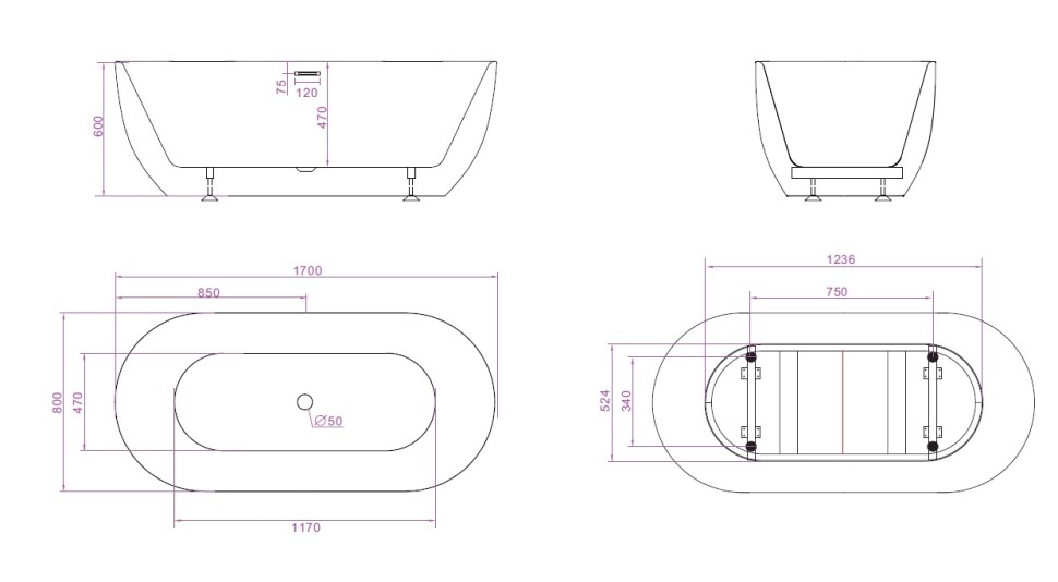 Акриловая ванна BELBAGNO BB70-1700-800