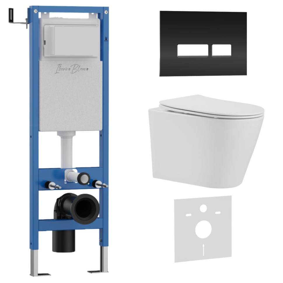 Комплект 3в1 IBERICA BLANCA инсталляция SILENCIO MINI, унитаз BURGOS ALTO белый, кнопка смыва CRYSTAL-R черный глянцевый (IB.001M.BRA.231.2211)
