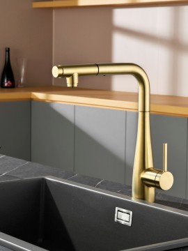 AQM9902BG Cucina Смеситель для кухни с выдвижным L-образным изливом, золото шлифованное