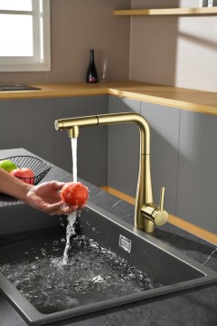 AQM9902BG Cucina Смеситель для кухни с выдвижным L-образным изливом, золото шлифованное
