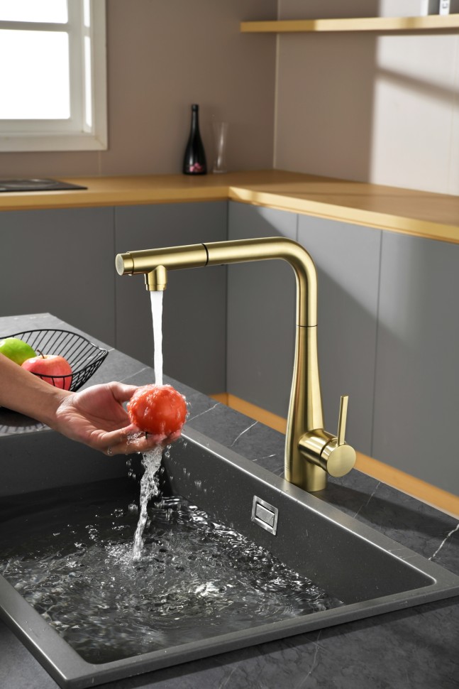 AQM9902BG Cucina Смеситель для кухни с выдвижным L-образным изливом, золото шлифованное