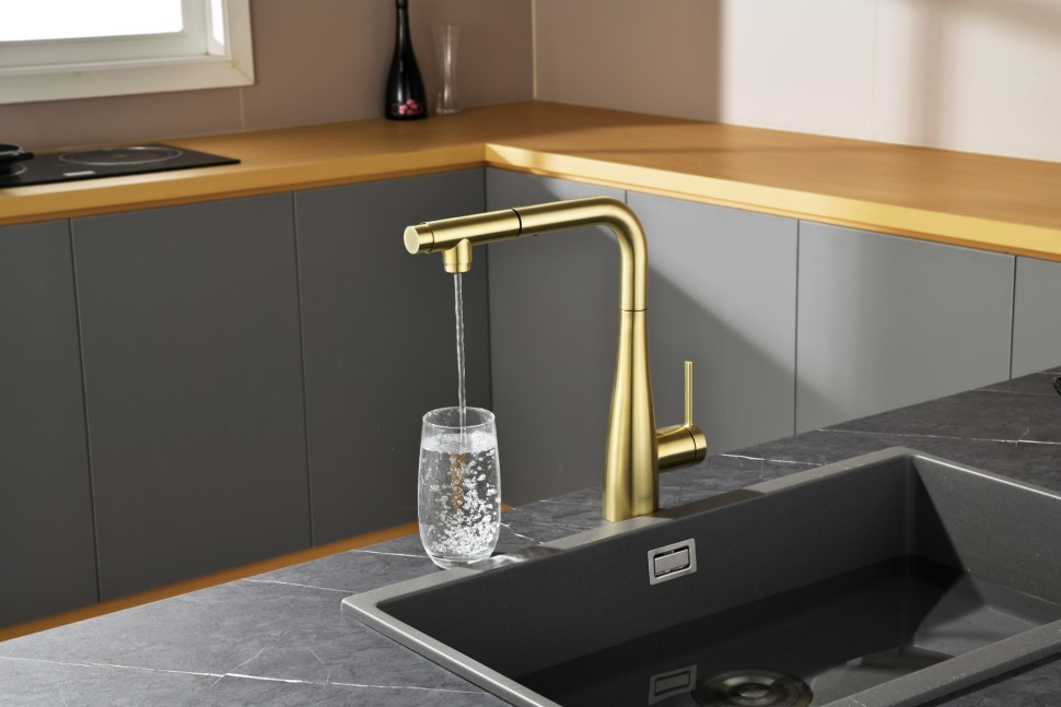 AQM9902BG Cucina Смеситель для кухни с выдвижным L-образным изливом, золото шлифованное
