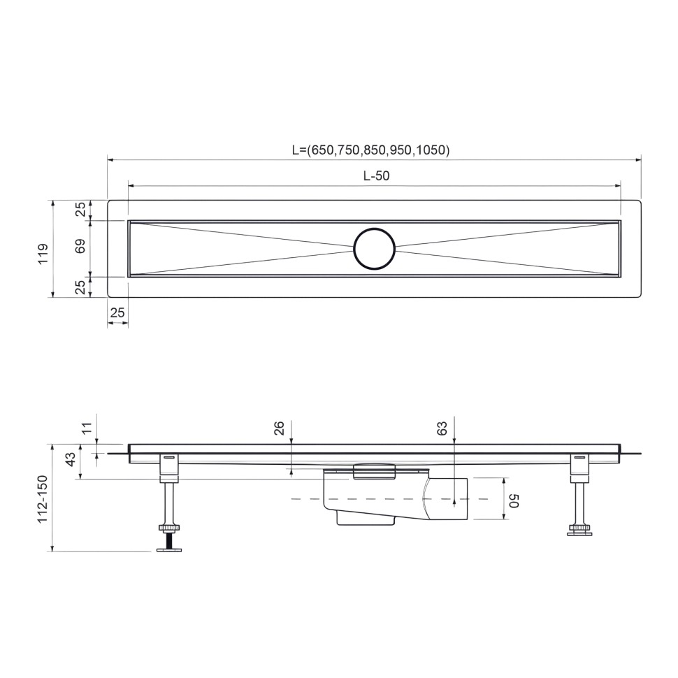 Душевой лоток TIMO Drain System 900 с вставкой "lines", Чёрный