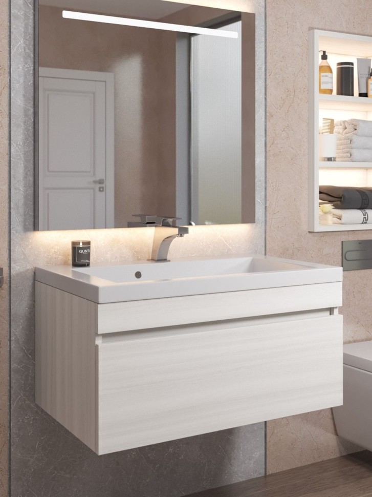 Тумба под раковину для ванной Uperwood Eva, 75 см, подвесная, Дуб Харбор Белый, выдвижной ящик