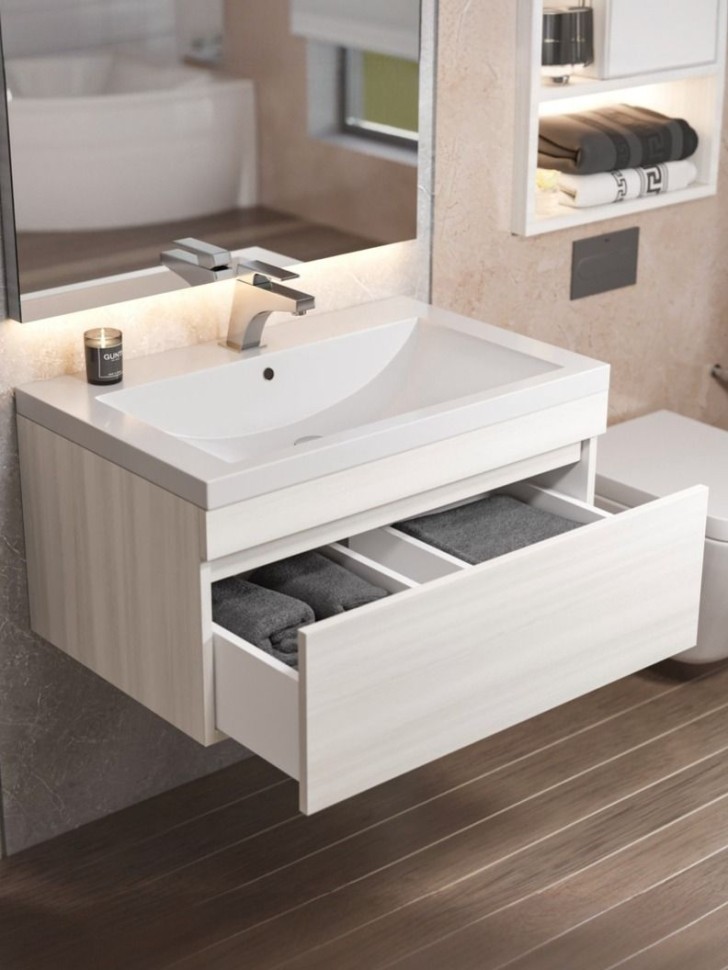 Тумба под раковину для ванной Uperwood Eva, 75 см, подвесная, Дуб Харбор Белый, выдвижной ящик