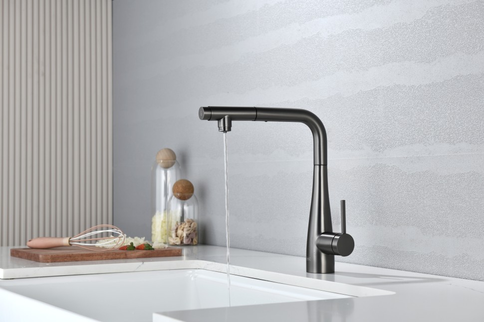 AQM9902GM Cucina Смеситель для кухни с выдвижным L-образным изливом, металл