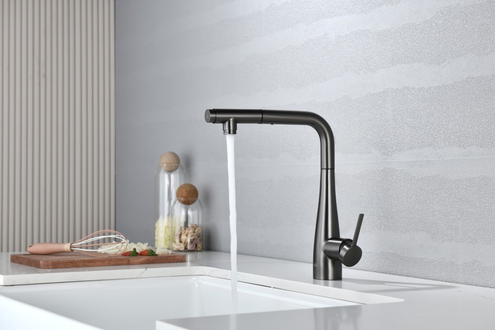 AQM9902GM Cucina Смеситель для кухни с выдвижным L-образным изливом, металл