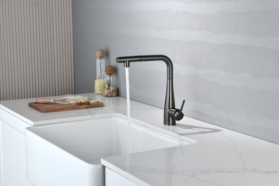 AQM9902GM Cucina Смеситель для кухни с выдвижным L-образным изливом, металл