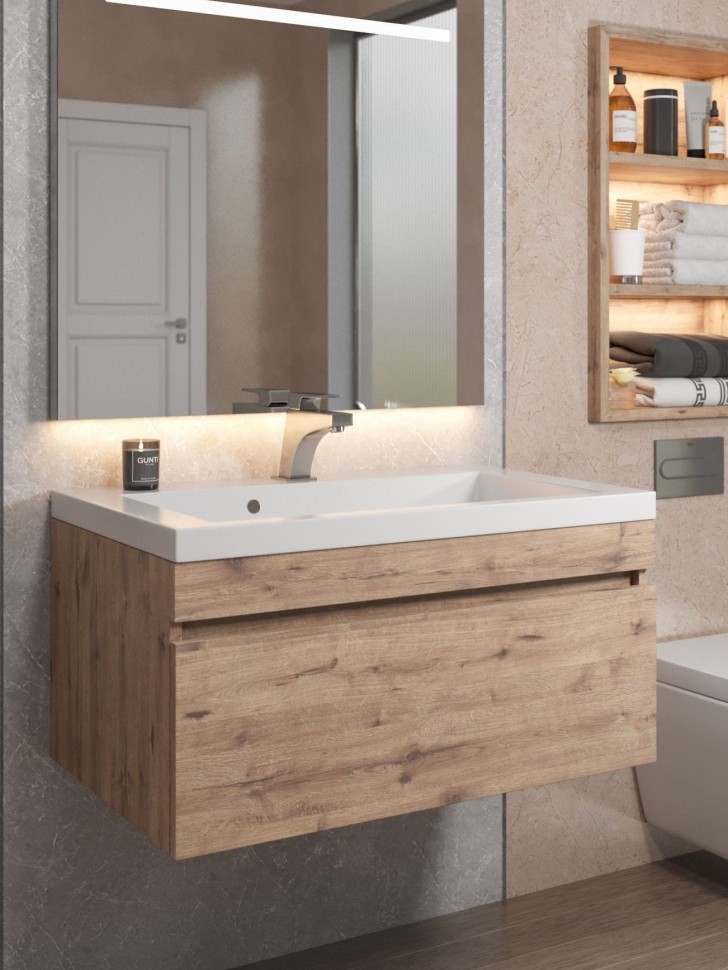 Тумба под раковину для ванной Uperwood Eva, 75 см, подвесная, Крафт Табачный, выдвижной ящик