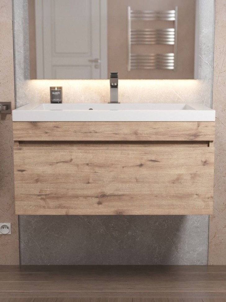 Тумба под раковину для ванной Uperwood Eva, 75 см, подвесная, Крафт Табачный, выдвижной ящик