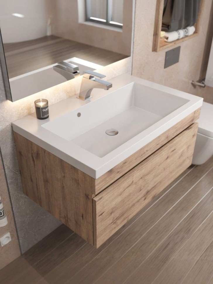 Тумба под раковину для ванной Uperwood Eva, 75 см, подвесная, Крафт Табачный, выдвижной ящик