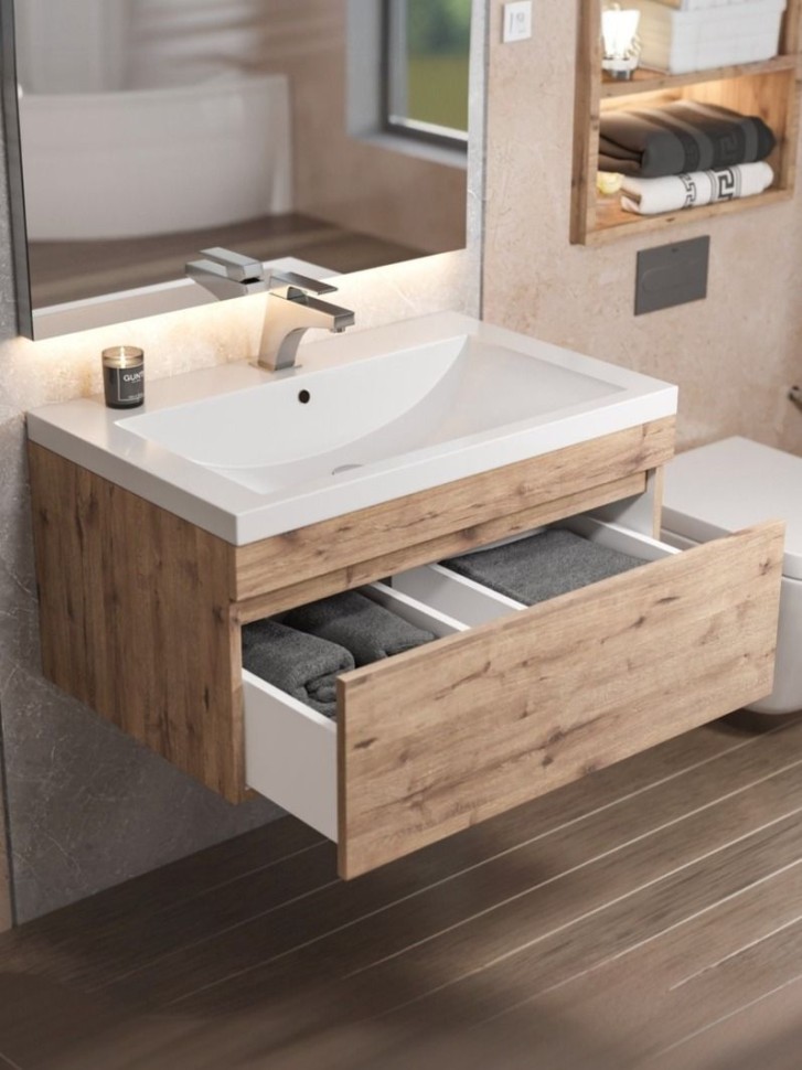 Тумба под раковину для ванной Uperwood Eva, 75 см, подвесная, Крафт Табачный, выдвижной ящик