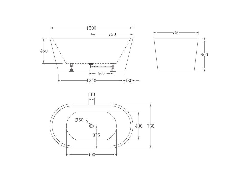 Акриловая ванна без перелива BELBAGNO BB71-1500-W0, 1500x750x600